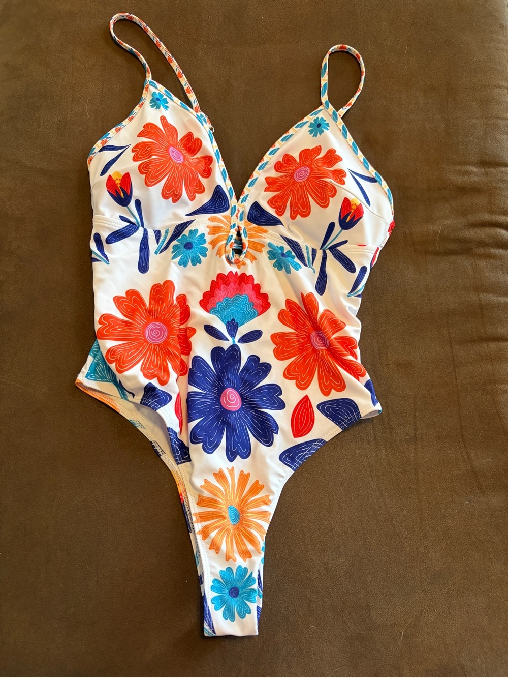 SHEIN White One-Piece Swimsuit with Red, Blue and Orange Floral Print
